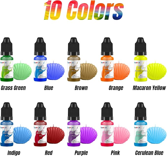 FansArriche Candle Dye - 10 Colors Liquid Oil-Based Dye for Candle Wax | Highly Concentrated, Natural Candle Color for DIY Candle Making
