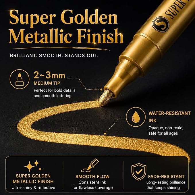 SAKEYR Super Golden Metallic Paint Markers, 12 Colors Sparkle Metallic Glitter Markers, Acrylic Paint Pens for Rock Painting, Glass, Wood, Fabric, Black Paper, Cards, Scrapbook, DIY Art Crafts (2-3mm)