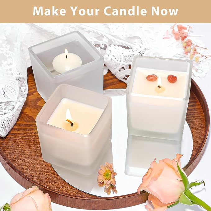 CONNOO 12 Pack 9oz Frosted Glass Square Candle Jars with Bamboo Lids