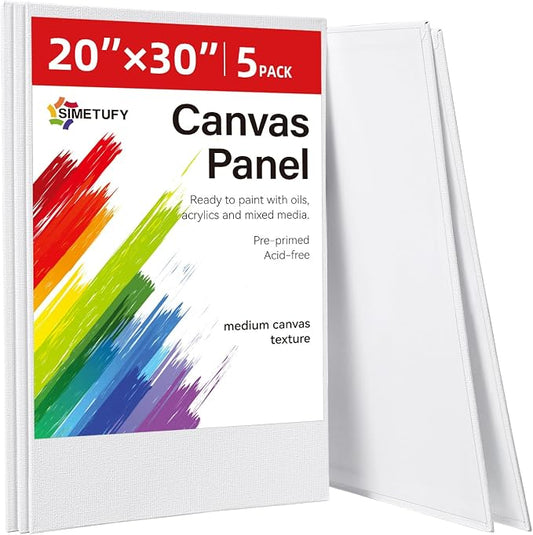 Simetufy 5 Pack 20"x30" Large Canvas Boards for Acrylic & Oil Painting | Paint Canvas Panels for Adults & Artists– 100% Cotton Acid Free Primed