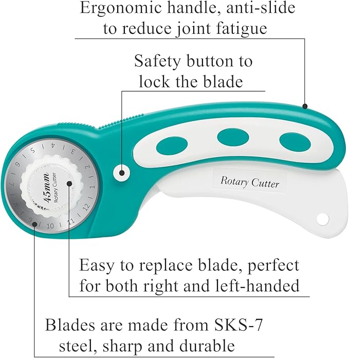 45mm Rotary Cutter with 5pcs Extra Blades, Ergonomic Handle Rolling Cutter with Safety Lock for Fabric, Leather, Crafting, Sewing, Quilting, Fabric Rotary Cutter Perfect for Left & Right Hand (Green)
