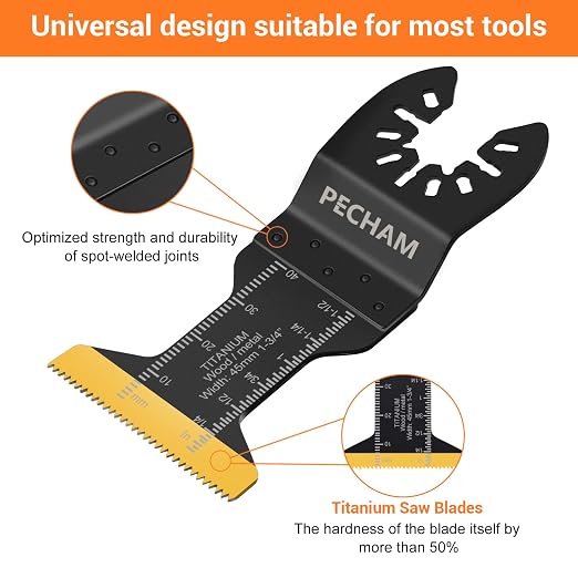 PECHAM 11PCS Titanium Oscillating Tool Blades, Universal Oscillating Multitool Blades Metal Cutting Quick Release for Hard Material Metal Nails Wood Plastic fit More Oscillating Tools