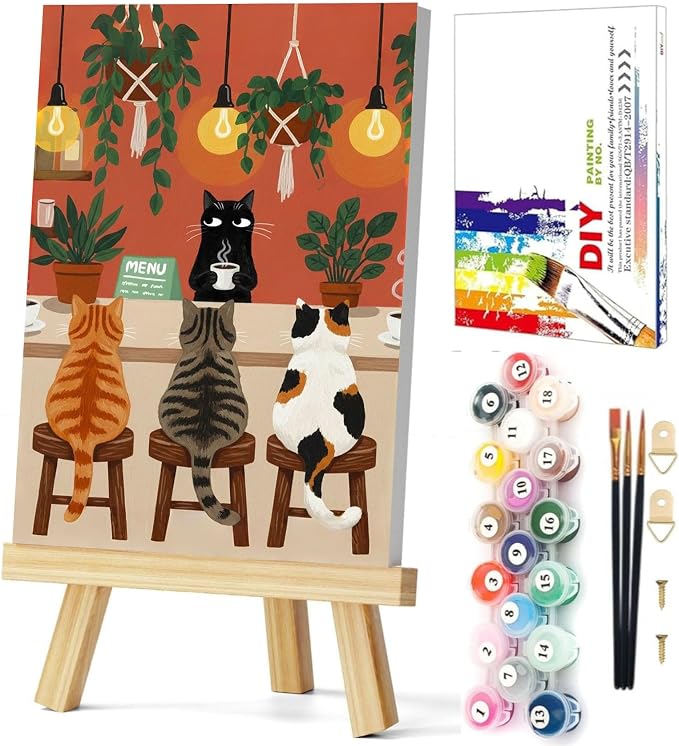 Gemozaic Framed Paint by Numbers Kit for Adults, Funny Cats Shop, 8x12 in | Cat Paint by Number for Adults Beginner with Frame & Easel, Easy DIY Acrylic Painting by Numbers for Home Wall Decor, Gift