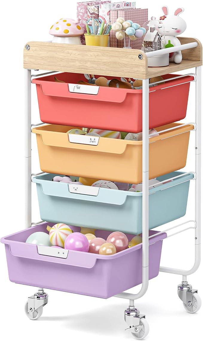 SYKIARIOL Rolling Craft Storage Cart with 4 Drawers,Art Cart,Jelly Color | Utility Cart with Drawers,Art Craft Organizers and Storage,Kids Craft Cart With DIY Lable and Wooden Tabletop Area