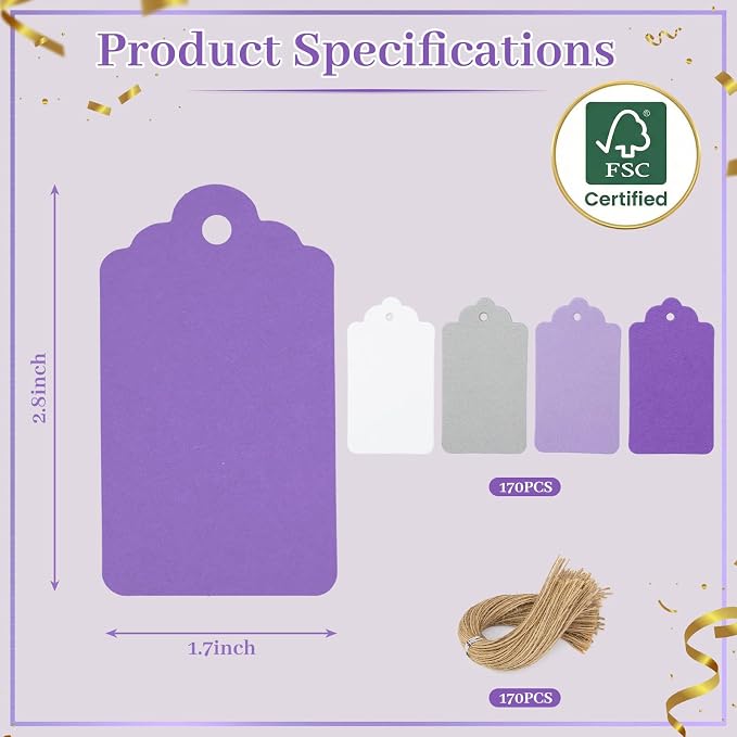 SallyFashion 170 PCS Gift Tags with String Attached, 1.8X3.4 inch | Multicolored Hanging Tags Purple Gray White, Wedding Birthday Holiday Party Favors