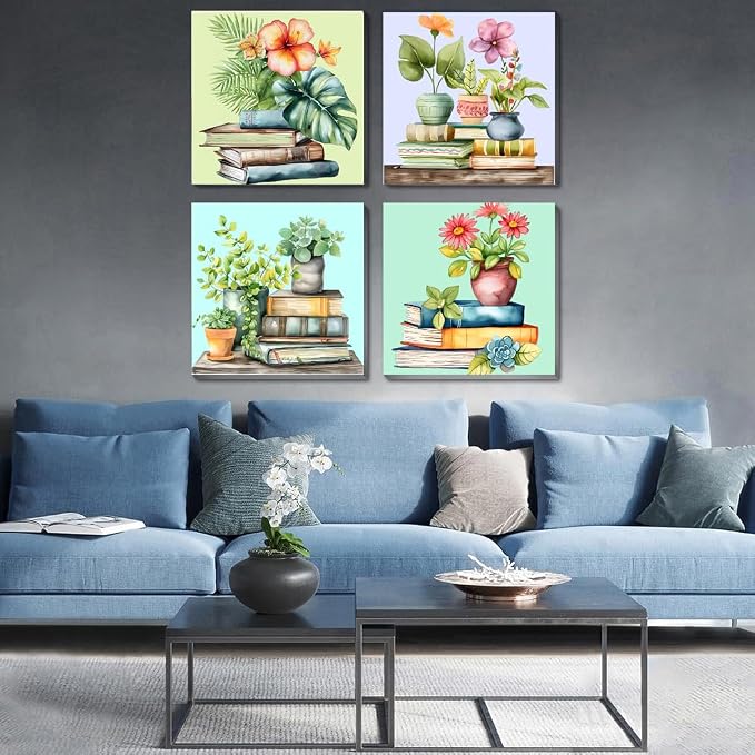 Fotasmua 4 Pack Framed Paint by Numbers for Adult, Book Paint by Numbers Kit for Adults Kids, DIY Flowers Plant Acrylic Painting on Canvas for Home Wall Art Decor 8 x 8 Inch