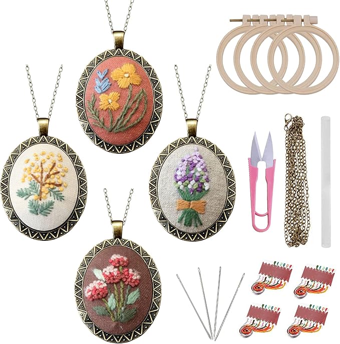 ZOCONE 4 Packs Embroidery Necklace Kits, Embroidery Pendant Kit Mini Cross Stitch Kit with 4 Hoops, Necklace, Pendant, Stamped Pattern Cloth, Instructions, etc., Embroidery Kits for Adults