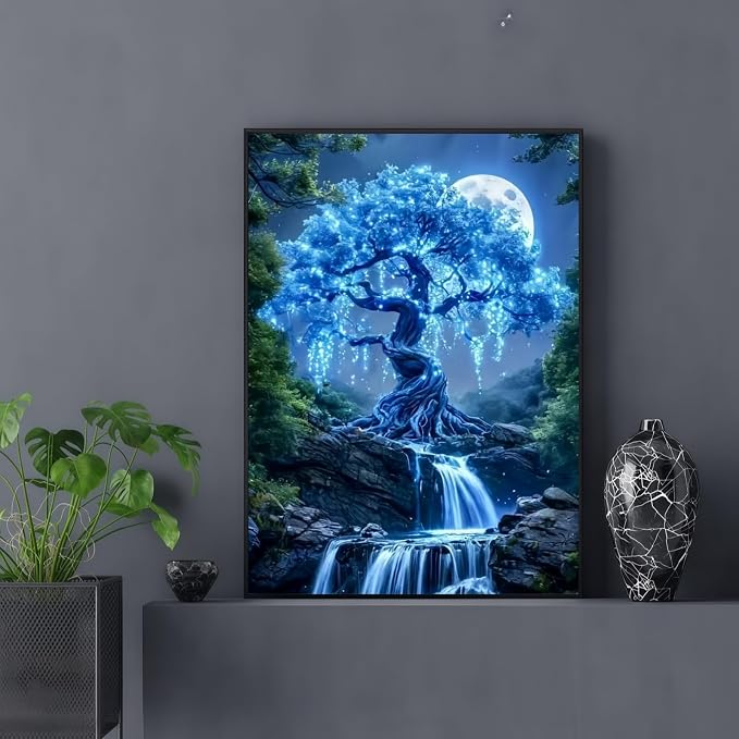 Moon Tree 5D DIY Diamond Painting Kits for Adults, Waterfall Diamond Art Kits for Beginners, Full Drill Dot Painting Gem Art Kits for Home Wall Decor11.8 x15.7 Inch