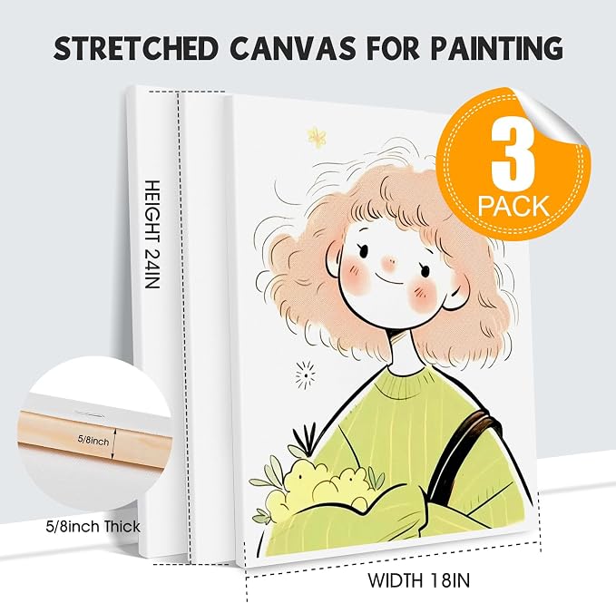 ESRICH Stretched Canvas for Painting 18x24 Inch, 3Pack Large Canvas for Painting, Triple Primed Acid-Free Cotton Blank Canvases for Oil, Acrylic, Watercolor & Gouache for Paint Parties, Art Classes