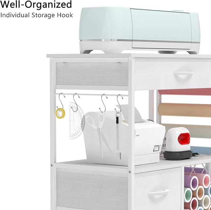 VENNQD Storage cart Compatible with Cricut Machines Stand Cutting Machine Stand with Drawers and Vinyl Roll Holder Rolling Craft Cabinet Table for Cricut Craft Workstation for cart Craft Room (White)