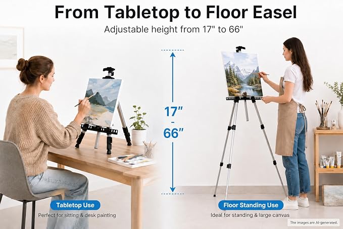RRFTOK Silver 2 Pack 17-66 Inch Art Easel Stand for Painting and Sign | Two portable aluminum tripod easels for display stand, canvas holder, adults, floor, sign and poster stand use