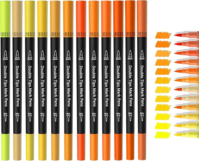 Orange & Yellow Double Tip Brush Pens Art Markers,12 Colored Artist Fine Brush Pen Coloring Markers for Adult Drawing Art Craft Kit