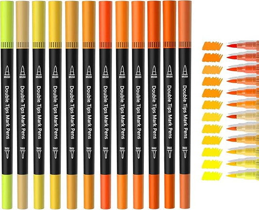 Orange & Yellow Double Tip Brush Pens Art Markers,12 Colored Artist Fine Brush Pen Coloring Markers for Adult Drawing Art Craft Kit