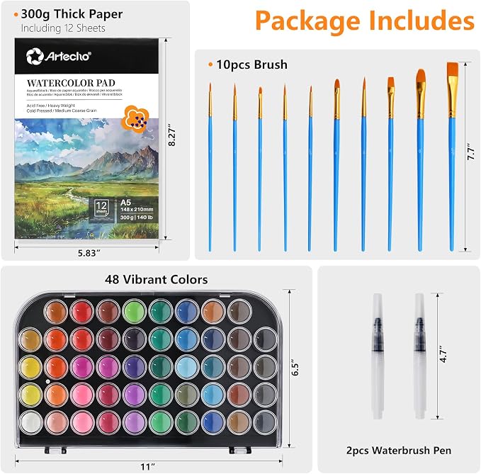 Artecho 48 Colors Watercolor Paint Set, 10 Brushes | A5 Watercolor Paper Pad, 2 Watercolor Pens, Washable Non-Toxic, for Adults & Artists
