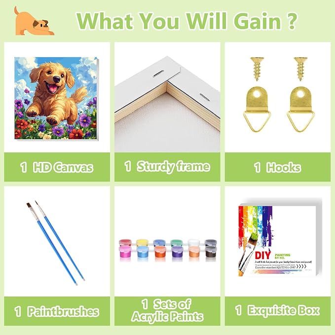 Dog Paint by Numbers Kit for Kids with Frame - Cute Dog Paint by Number for Kids, Kid Painting by Number Kits Age 8-12 for Home Wall Decor 8X8inch (with Wooden Easel)