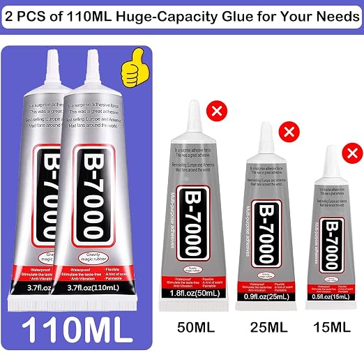 B7000 Adhesive Rhinestones Glue for Crafts, 2PCS 110ml / 3.7 fl oz with 5 Dotting Pen Tool, Wax Pencil and Tweezer, Jewelry Glue for DIY Craft, Makeup, Shoes, Jewelry Making, Nail Art
