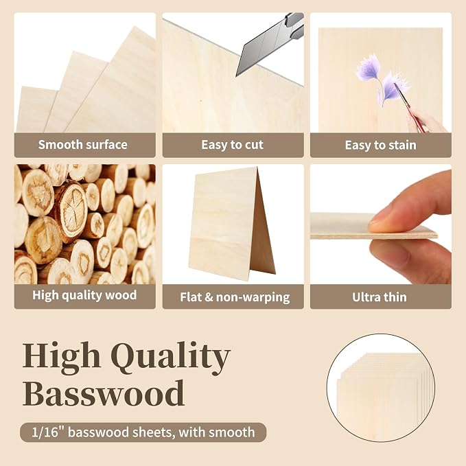 Balsa Wood, Plywood Sheet, Unfinished Basswood Blank, 12×12×1/16 in, 10 Pcs | for Laser Cutting, Engraving, Burning, Crafts, Paint; Smooth and Polished, No Burrs, Wood Craft Supplies