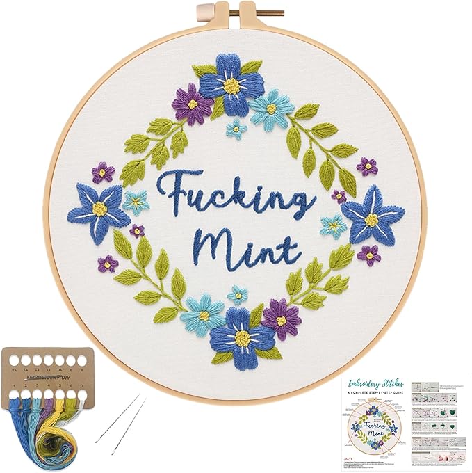 Louise Maelys Funny Flower Wreath Embroidery Kit for Beginners and Adults | DIY Needlepoint Kit with Pre-Printed Fabric, Hoop, Threads, Needles and Guide. Cross Stitch Kits for Floral Crafts