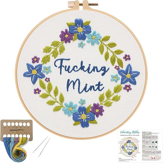 Louise Maelys Funny Flower Wreath Embroidery Kit for Beginners and Adults | DIY Needlepoint Kit with Pre-Printed Fabric, Hoop, Threads, Needles and Guide. Cross Stitch Kits for Floral Crafts
