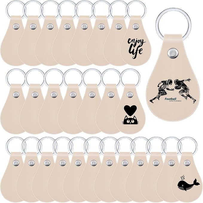 Taiyin 30 Pcs Leather Key Fob Kit PU Leather Keychain Blanks, Beige