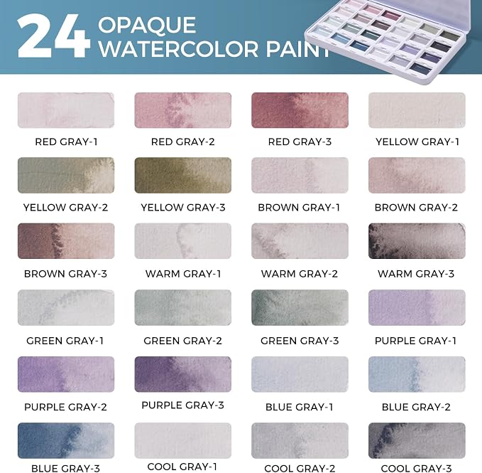 Fuumuui CREAMORA Watercolor Paint Set 24 Color Opaque Semi-Solid Muted Gray Tone Paint | for Soft Gradient, Professional Adult Beginner Artist Supplies for Realistic Landscape Hobbyists Art Painting