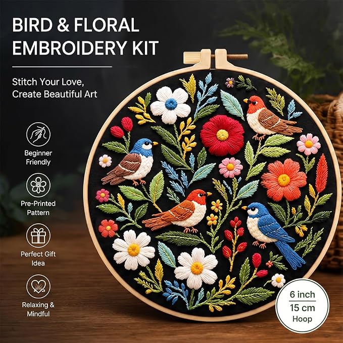 Bird Embroidery Kit for Beginners, Floral Hand Embroidery Starter Kit with 6 Inch Hoops, Pre-Printed Patterns Cloth, Needles, Threads & Accessories, DIY Embroidery Starter Kit for Women Craft Lovers