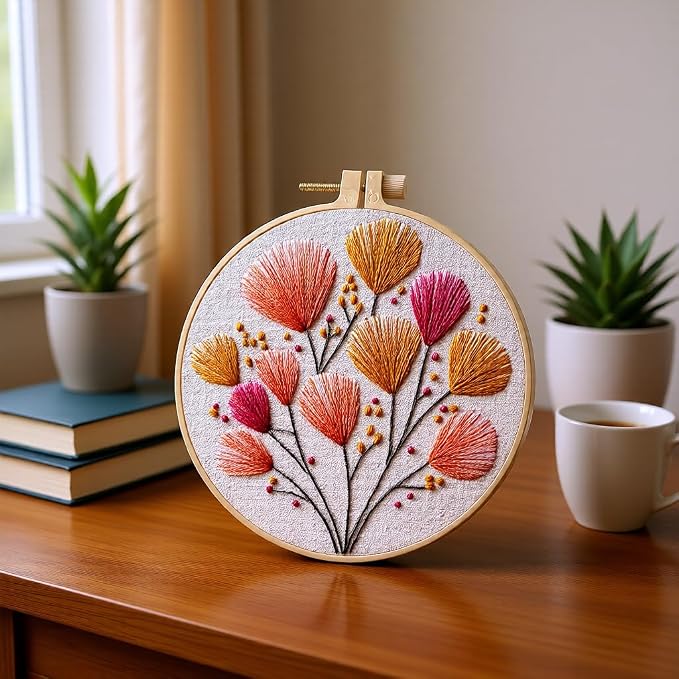 JJFox Embroidery Kit for Beginners and Adults, DIY Hand Embroidery Starter Kit with Cute Pattern, Cross Stitch Needlepoint Set with Hoop, Threads and Instructions (Flower-2)