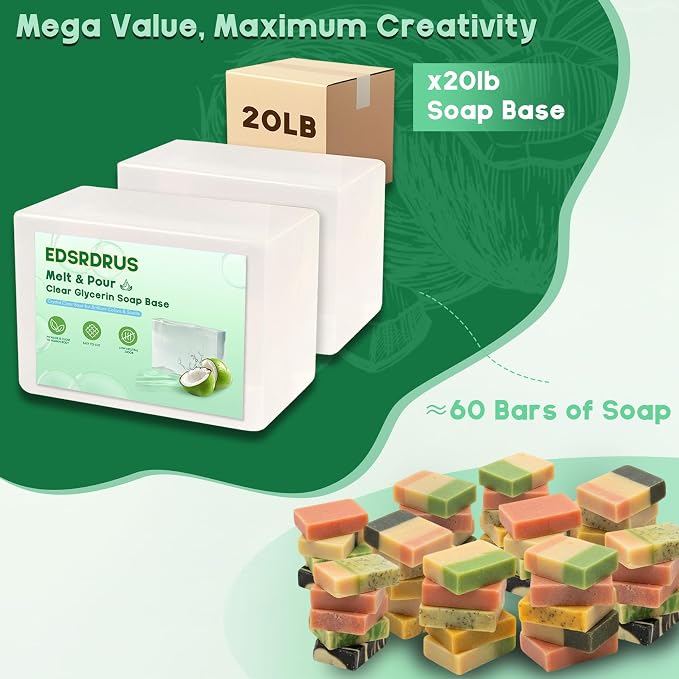 EDSRDRUS 20lb Unscented Melt and Pour Soap Base, Fragrance-Free Bulk Glycerin Soap Making Supplies for Professionals – Upgraded Smooth Formula, Silky Melt & Fine Foam (Transparent, 20 Pound)