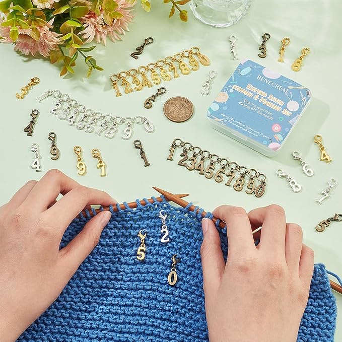 BENECREAT 33Pcs 3 Colors Number Stitch Marker Charms, Number 0-9 Charm Knitting Row Counter Alloy Chain with Clasp Stitch Markers for Knitting Weaving Sewing Accessories