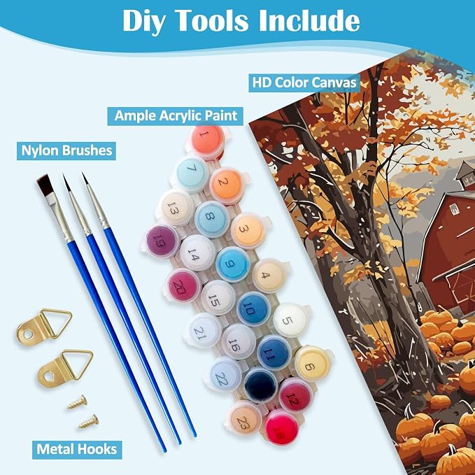 LKHMVCA Fall Farmhouse Truck Pumpkin Paint by Numbers Kit for Adults, DIY Paint by Numbers Kits for Adults Beginners Without Frame, Acrylic Paint Canvas Painting Kits Art for Home Decor 16x16 Inch