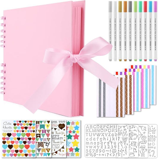 Gotideal 80 Pages Scrapbook Album with 10 Metallic Markers, Pink | Craft Paper Photo Album for Wedding and Anniversary, Family DIY Scrapbook Accessories with Scrapbooking Stickers Corners