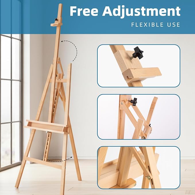 Adjustable Beechwood A-Frame Studio Easel with Storage Tray, Natural