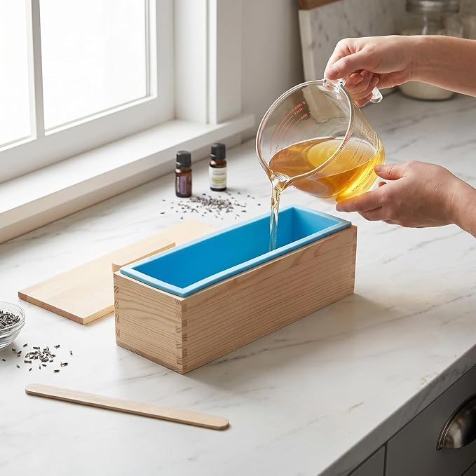 ZOENHOU 3PCS 42 oz Blue Silicone Soap Molds with 2 Cutters, Flexible Rectangular Silicone Loaf Soap Making Molds Kit with Wooden Box and Lid, DIY Tool Set for Soap Making Supplies