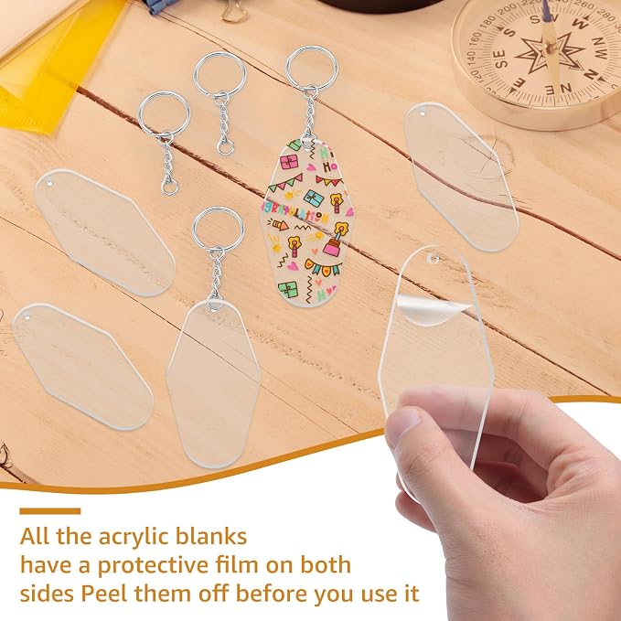 Acrylic Blanks Key Tags Kit,Including 20pcs Motel Hotel Shape Retro Acrylic Board 20 Key Rings with Chains and 20 Open Jump Rings Clear Ornament Blanks with Hole for Vinyl Keychain Making DIY Crafts