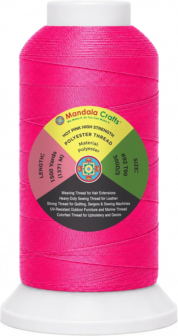 Mandala Crafts Hot Pink Tex 90 Polyester Heavy Duty Thread for Upholstery | 1500 Yds T90 UV Resistant Strong Thread for Leather Sewing, Marine, Drapery, Jeans, Hair Weaving & Extension, Outdoor