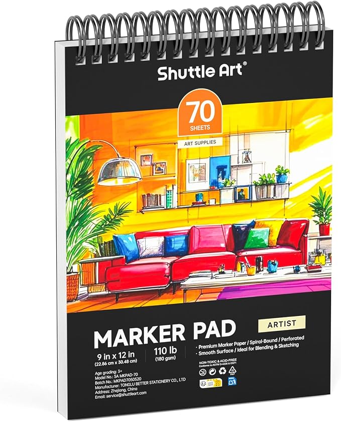Shuttle Art Marker Pad, 70 Sheets, Spiral-Bound, 12”x9”, 110LB/180GSM Paper | Portable Sketchbook, Smooth Surface, Alcohol Markers Bleedproof Art Paper Great for Artists to Draw, Paint & Sketch