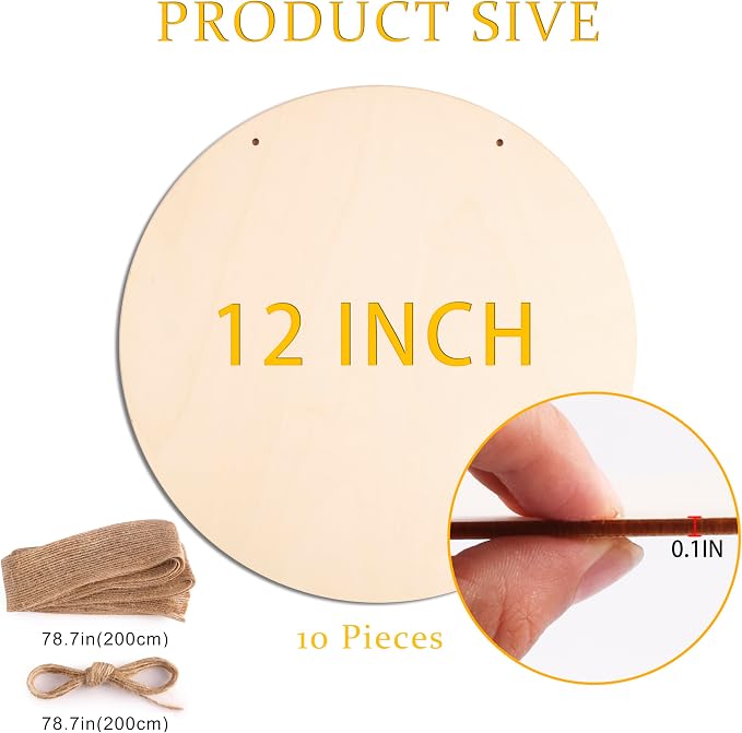 10Pcs 12 Inch Wood Circles for Crafts, Unfinished Wood Rounds, DIY Wooden Projects, Wood Burning, Painting, Valentines Day Decor DIY Crafts Gifts