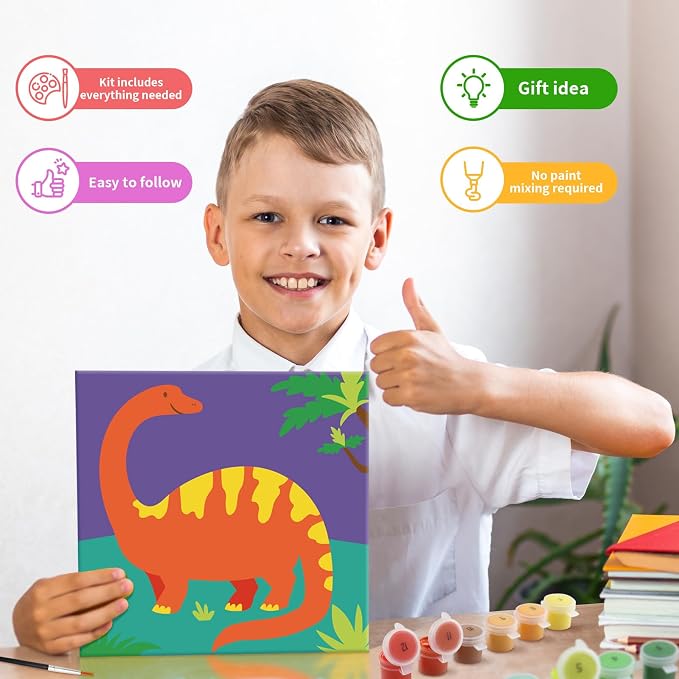 goldentime 6 Pack 8x8inch Paint by Numbers Kit for Kids, Predrawn Canvas for Painting with Unicorn, Butterfly & More, Includes 18 Acrylic Paints, 6 Brushes & Easels, Easy Art Supplies for Kids 4-8-12