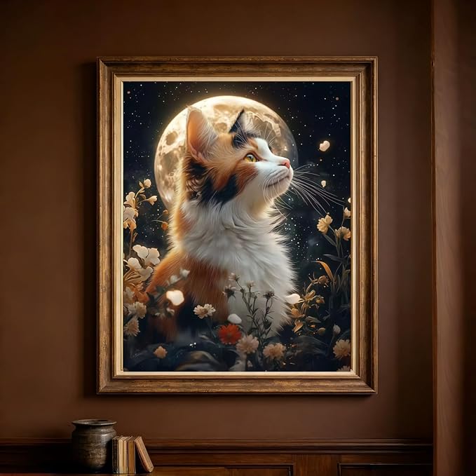 Moon Cat 5D Diamond Painting Kit, Wildflower Diamond Art for Adults | Full Round DrillDiamond Dots Kits Gem Arts DIY Crafts for Home Wall Deco Present Cat Lovers12x16inch