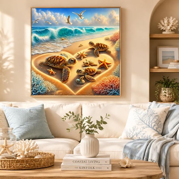 Beach Diamond Painting Kits for Adults Beginners Turtles Gem Painting | 5D Diamond Art Painting for Adults, Gem Art Kits for Adults, Paint by Diamonds DIY Wall Decor Gift13.78X13.78Inch