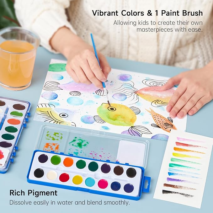 Shuttle Art 16 Colors Watercolor Paint Set Bulk, 15 Pack, Watercolor Paint Set with Paint Brushes for Kids and Adults, Washable Paint for Classroom, Parties, Kindergarten and Art Activities