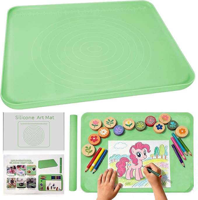 Large Silicone Mat for Crafts, 24"X19.7" Art Mat with Raised Edges for Clay, Resin, Slime, Jewelry-Making Table Protection Heat-Resistant Paint Mats, Green