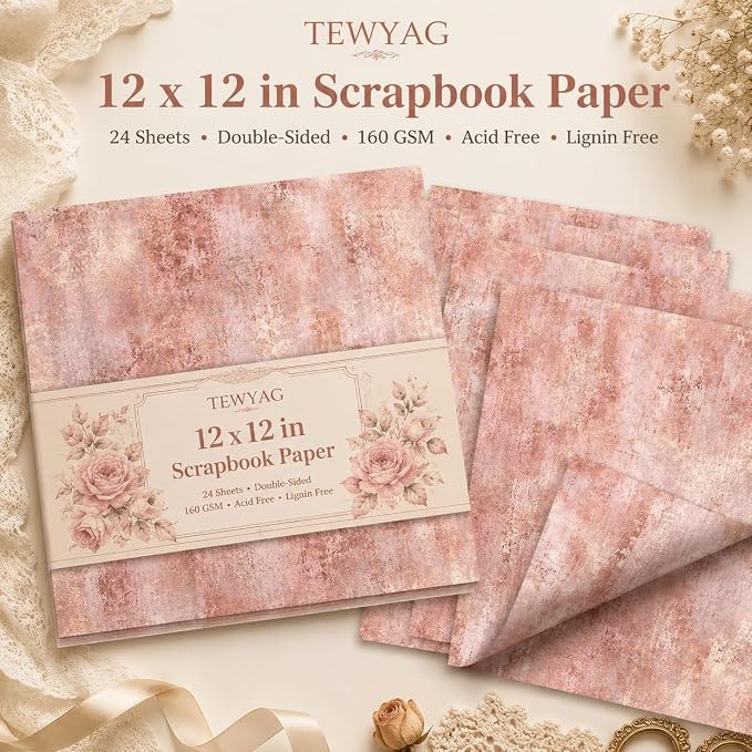 Vintage Scrapbook Paper Double Sided 12x12 Distressed Rose Gold 24 Sheets