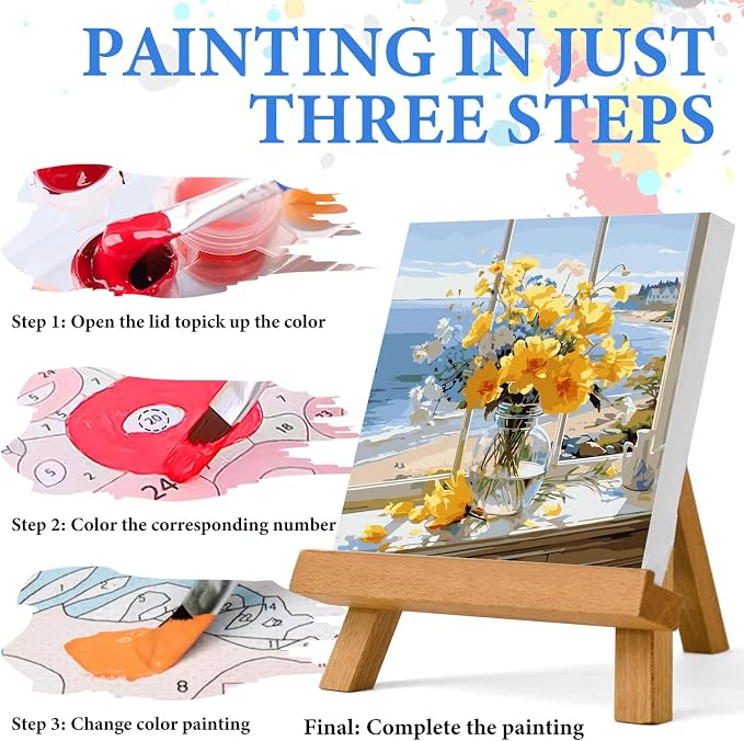 PRASIO Framed Paint by Numbers Kit for Adults Beginner with Easel, Flowers Adult Paint by Number Kits on Canvas Framed, DIY Acrylic Watercolor Oil Paint by Number with Frame for Home Decor 16x16 Inch