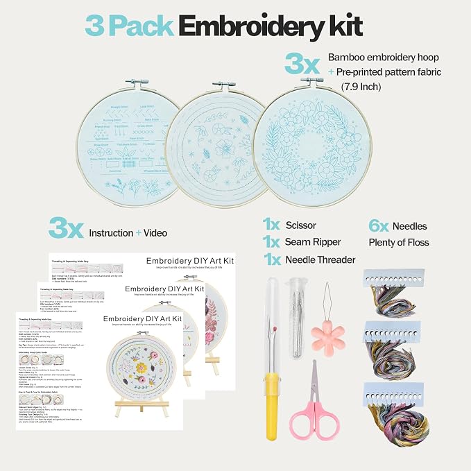 Embroidery Kit for Beginners,Learn 22 Stitches with Instructions & Video | Beginner-friendly step-by-step video tutorials included/Water-soluble ink/beginner embroidery kit/complete embroidery set