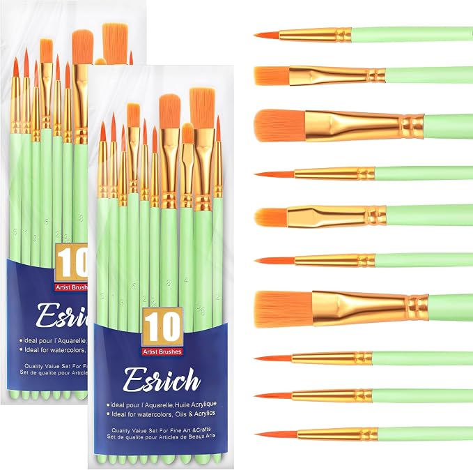 ESRICH 20PCS Paint Brushes, Paint Brush for Acrylic Painting | Artist Paintbrushes for Oil Watercolor, Body Face Rock Canvas, Small Paint Brushes for Kids, Green