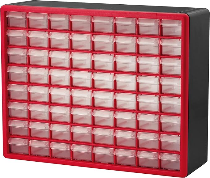 Akro-Mils 64-Drawer Plastic Storage Cabinet, 20" W x 6" D x 16" H, Red | Plastic Cabinet w/ Drawers for Garage Organization, Beads, Building Bricks Storage, Teacher Toolbox, Makeup Organizer, 10164