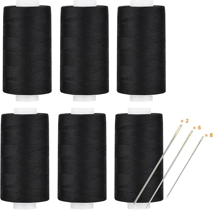 All Purpose Thread Polyester 6 Black, 400 Yards Each with 16 Needles for Hand Sewing, and Thread for Quilting Piecing Sewing Machines