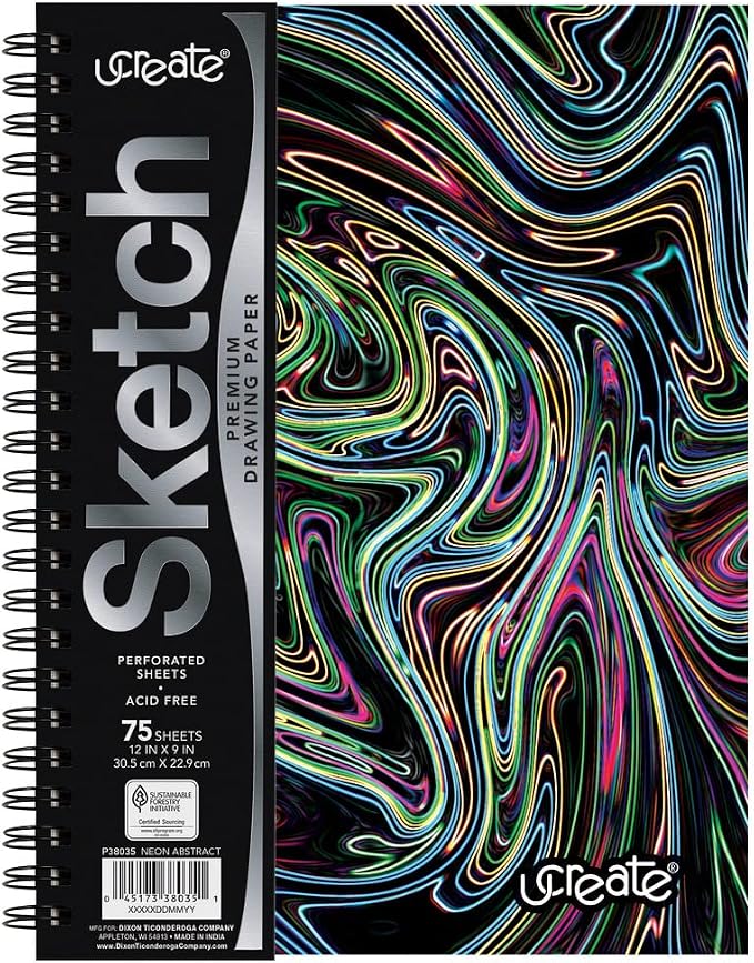 UCreate Fashion Poly Sketch Book, Neon Abstract Design, 9" x 12", 75 Sheets | Supports classroom learning, crafts and creative activities