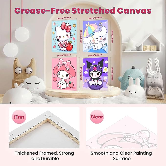 4 Pack Cartoon Paint by Numbers Kit for Kids with Frame - Wooden Easel | Cute Kids Paint by Numbers Ages 4 8 12, Easy DIY Acrylic Oil Painting for Gift Home Wall Decor (8x8 inch)